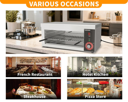Popfoodex Salamander Broiler, 1500W Electric Cheese Melter w/ 550°F Heating and Stainless Steal Body, Commercial Broiler w/Removable Crumb Tray, Salamander Grill For Pizza, Grill Steaks, Sandwiches