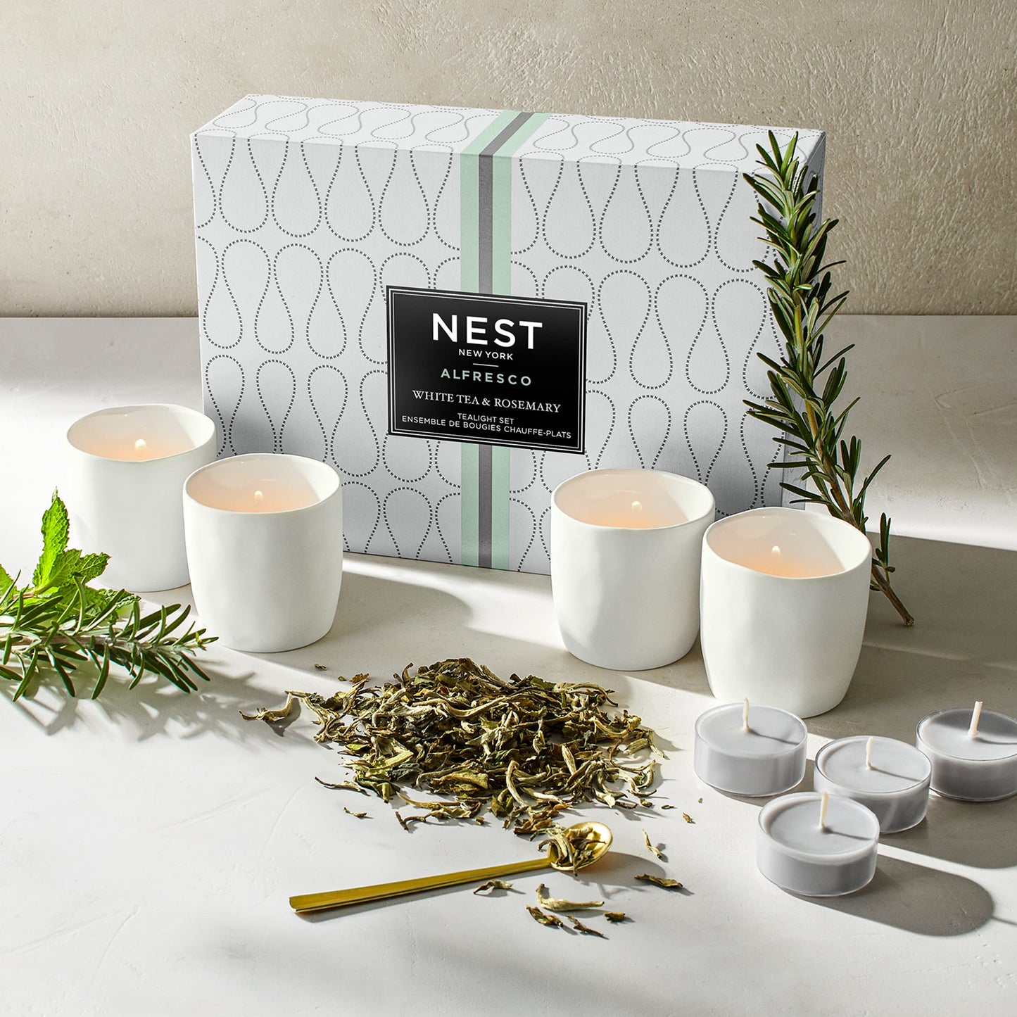 NEST New York White Tea & Rosemary Alfresco 12-Ct Scented Tealight Candle and 4-Ct Tealight Candle Holder Set