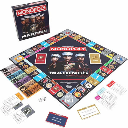 Monopoly: Marines 250th Anniversary Edition Celebrate 250 Years Buy Bases Worldwide and Upgrade with Tents &amp Barracks Play as Tokens: Combat Boots Bulldog &amp More Officially Licensed Merc
