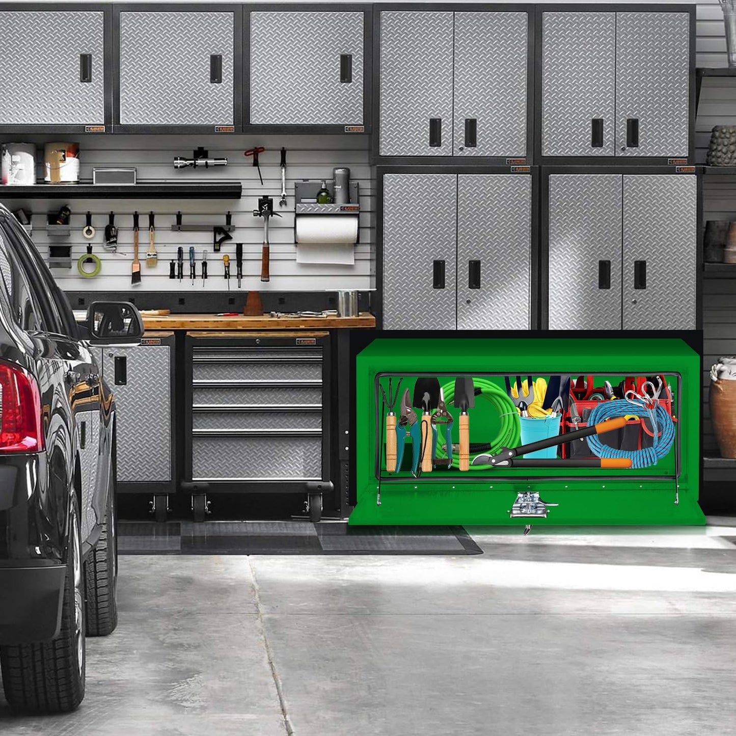 MOVECOM Steel Heavy Duty Truck Bed Tool Box with t-Handle Lock, Door with Double Sided Hydraulics Rods for Trailer Truck Pick Ups-Waterproof (24X14X16 Inch),Green