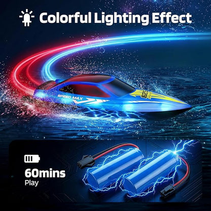 Remote Control Boat for Kids RC Boat for Pool Lake River and Pond with LED Lights Self-Righting Waterproof Fast Speed Racing Electric Boats 2 Speed Modes 60mins Rechargeable Batteries