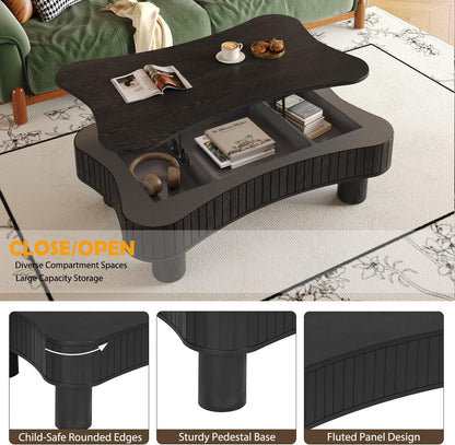 Zurnes Lift Top Coffee Table with Storage, 42" Accent Table for Living Room, Fluted Panel Hidden Storage, Silent Hydraulic Lift, Curved Corners, Easy Assembly, Black