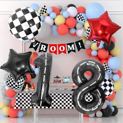 Race Car 8 Balloons 40 Inch Racetrack Number 8 Balloon, Road Balloon Checkered Balloons Star Balloons Large Black Racing Car 8 Balloon for Race Car Truck Tire Theme Boys 8th Birthday Party Supplies