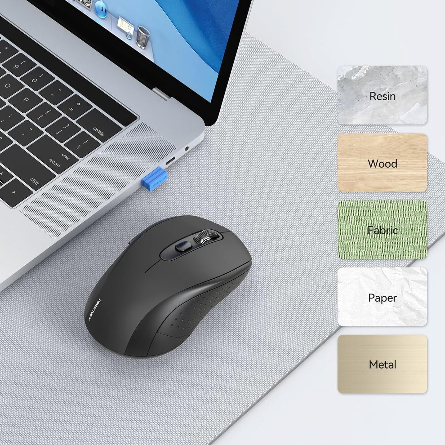 TECKNET Bluetooth Mouse, 2-in-1(BT 5.0/3.0+2.4Ghz) 4000DPI Wireless Mice with USB Connect Available for Laptop Computer, Portable PC Mouse Bluetooth for Mac (USB-A+BT Wireless Connect, Black)