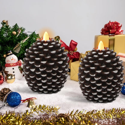 Wondise Flameless Candles with 6H Timer, Battery Operated Flickering Wick Real Wax Pine Cone Candles for Holiday Indoor Decoration, Set of 2, Brown(D3.5 x H4.7 Inch)