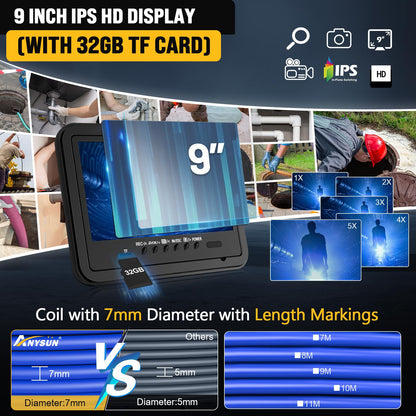 Anysun Sewer Camera with 512Hz Sonde, Self-Leveling 9" HD Screen DVR Recorder, 32GB Card, IP68 Waterproof Plumbing Pipe Borescope Inspection, 7mm Cable with Meter Marks(300FT)