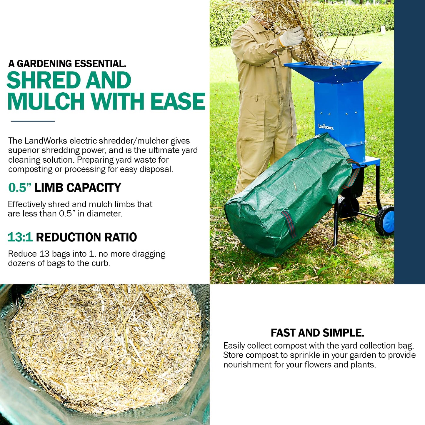 ReelWorks Extension Cord Reel Retractable Longest Industrial 12awg x 80' Foot Commercial Premium Grade & Leaf Mulcher Shredder Electric Green and Waste Management Heavy Duty [Bundle Deal]