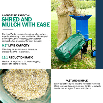 ReelWorks Extension Cord Reel Retractable Longest Industrial 12awg x 80' Foot Commercial Premium Grade & Leaf Mulcher Shredder Electric Green and Waste Management Heavy Duty [Bundle Deal]