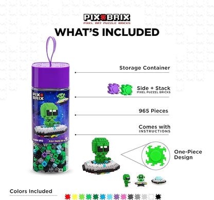 Pix Brix Space Bottle – UFO Set | 965-Piece 2D &amp 3D Alien Building Kit for Kids 8+ | Reusable Storage Bottle Keychain Clip Pixel Art Blocks | Creative STEM Toy Compatible with Major Brick Brand