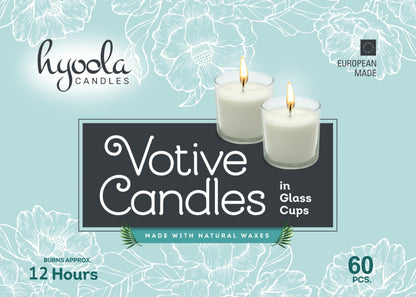 Hyoola White Votive Candles in Glass - Pack of 60 Votive Candle - 12 Hour Burn Time - Unscented Votive Candles - European Made Glass Votives