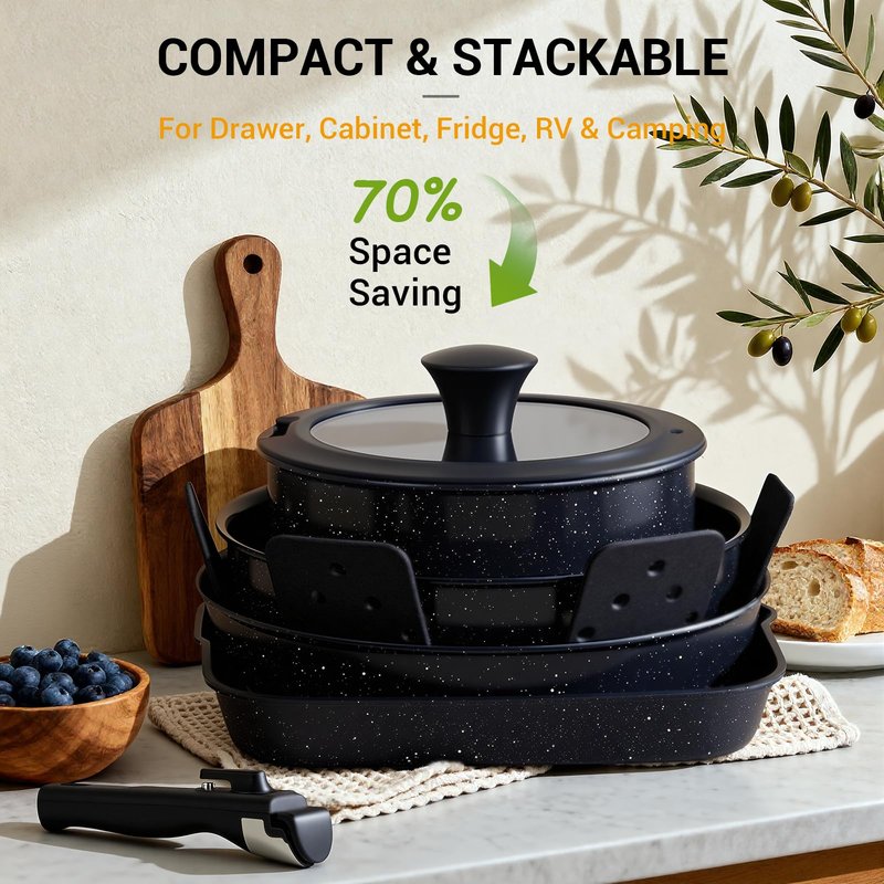 Ammeloo 21 Pcs Pots and Pans Set Non Stick with Detachable Handle & Grill Pan, Induction Ceramic Cookware Set, Non Toxic Kitchen Pots and Pans Set for RVs,Camping, Oven/Dishwasher Safe, Black