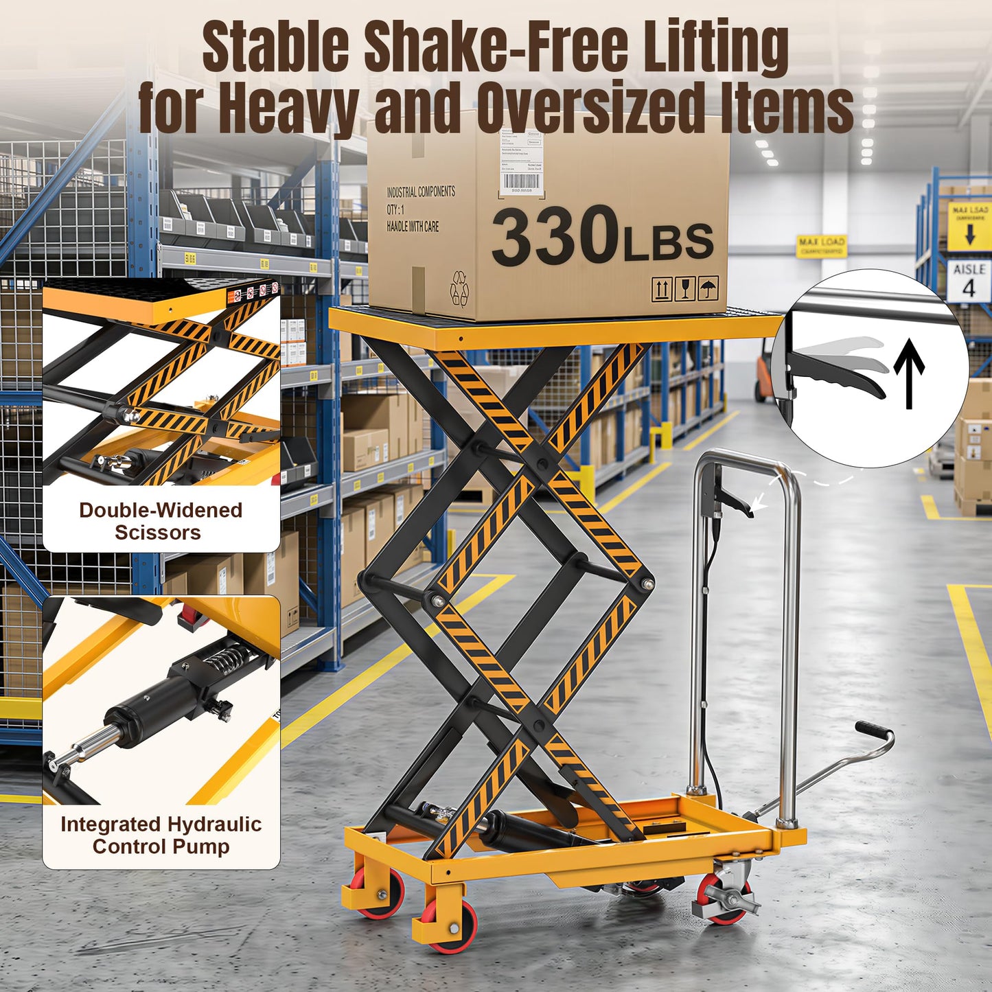 Tera Hydraulic Lift Table Cart: 330lbs Capacity 10.4"-49.6" Lift Height Manual Double Scissor Lift with Anti-Collision Wheels Non-Slip Pad & Fixing Tape for Warehouse Material Handling LT1502
