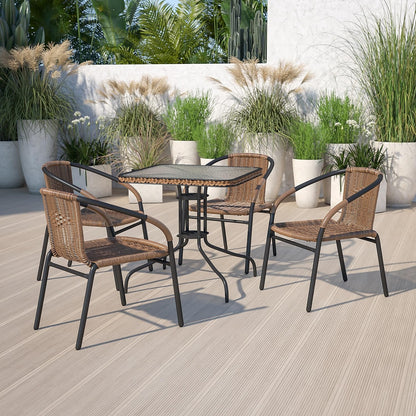 Flash Furniture Barker 28'' Square Tempered Glass Metal Table with Dark Brown Rattan Edging
