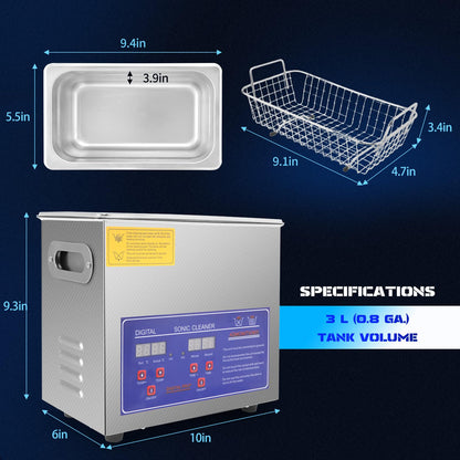 Commercial Ultrasonic Parts Cleaner 3l,Stainless Steel Lab Digital Professional Ultrasonic Parts Cleaner,110v Large Sonic Machine Cleaner for Jewelry Watch Automotive Parts Carburetor