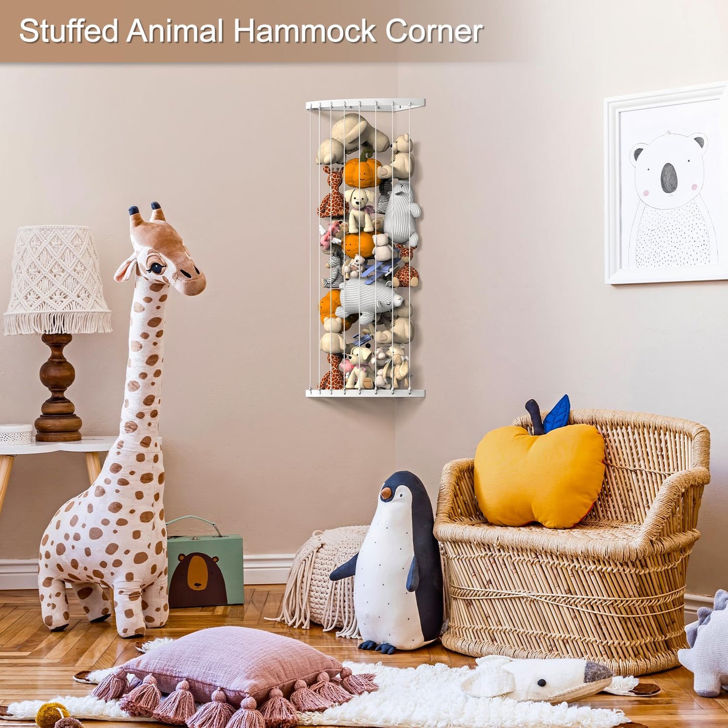 Ebeneze Corner Stuffed Animal Storage Organizer, Toy Stuffed Animals Hammock Net Adjustable Length, Spave Save for Hanging Wall Plush Toy Holder, Toy Storage Shelf for Playroom Bedroom, White