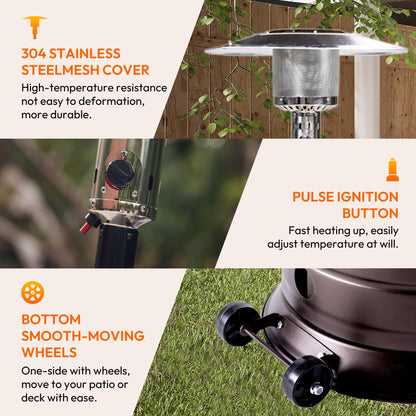 HEXAGO Outdoor Propane Patio Heater, 47,000 BTU Stainless Steel Standing Heater with Wheels, One-Touch Ignition & Adjustable Heat Control, Safety Auto Shut-Off System for Garden, Backyard & Restaurant