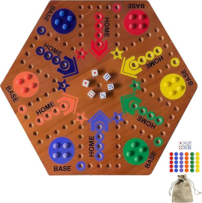 Wooden Board Game Board Game Original Marble Game Double Sided Painted 2 to 6 Player Fast Track Wooden with 6 Colors 24 Marbles 6 Dice for Adults Kids Family(15 INCH Flame)