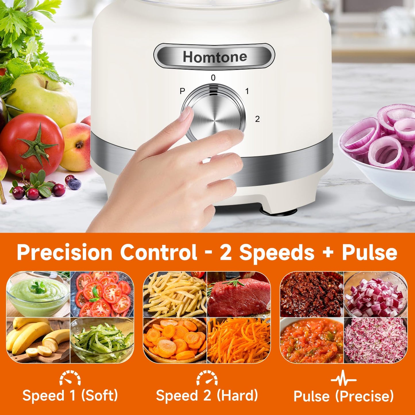 Homtone 16-Cup Food Processor, Heavy-Duty 9-Function Appliance with 7 Blades & 3 Speeds for Dough Kneading, Meat Chopping, Slicing, Shredding & Making French Fries, 600W (White)