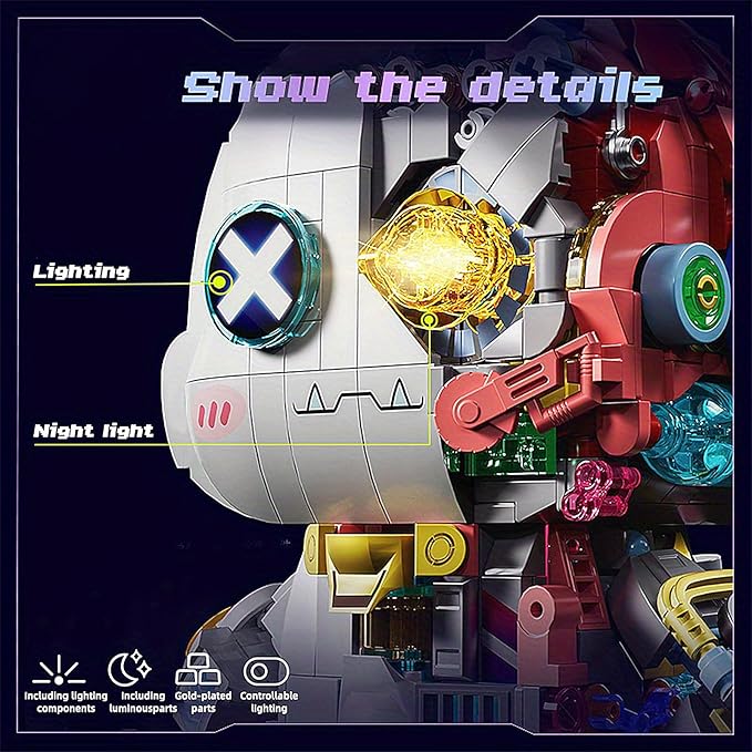 Mechanical Rabbit Building Set - Punk Style Animal Collection Toy Robot Bunny Sets with LED Light Neon Style Collectible Building Toy Easter Decor Gift for Boys Girls Adults Teens Ages 12+ 1377PCS