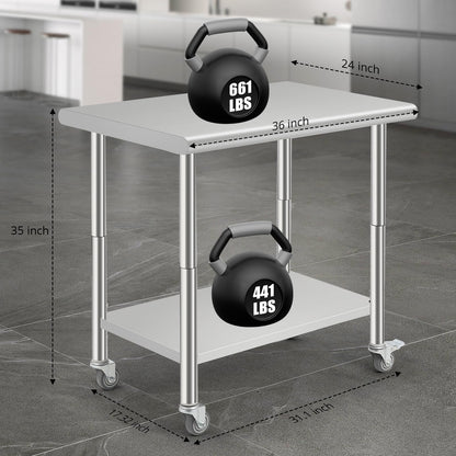 MilleLoom Stainless Steel Work Table with Wheels - 36"x24" Commercial Food Prep Table with Removable Trash Rack & Adjustable Undershelf, Heavy Duty Metal Worktable for Restaurant, Kitchen, Home