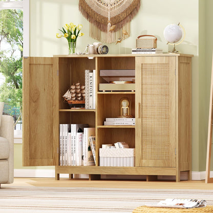 Iwell Rattan Storage Cabinet with 4 Adjustable Shelves, Coffee Bar Cabinet, Sideboard Buffet for Kitchen, Living Room, Entryway, Natural