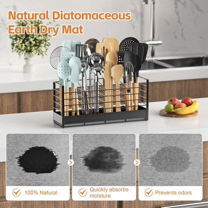 VEESUN Large Utensil Holder with Diatomaceous Earth Base, for Kitchen Counter, Cooking Utensil Organizer, 4 Compartments