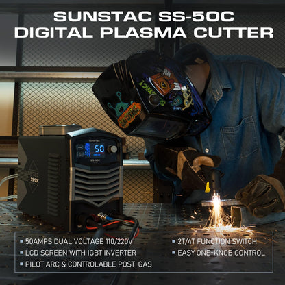 Sunstac Plasma Cutter, Non-Touch Pilot Arc 50Amps Non-High Frequency Plasma Cutting Machine with Large LCD Display 110/220V Dual Voltage IGBT Inverter 4/5 Inch Max Cut 2T/4T, for Beginners DIY