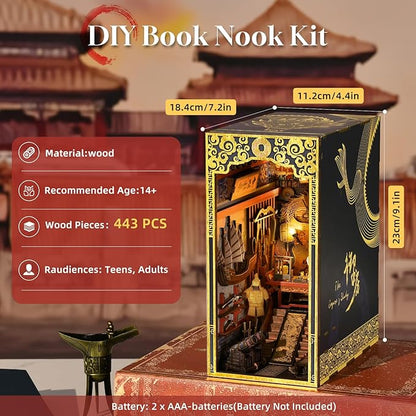 Book Nook Kit 3D Wooden Puzzle for Teens and Adults DIY Miniature Dollhouse Booknook Kit Bookend Bookshelf Insert Decor with LED Light (The Emperor’s Study)