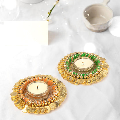 Handmade 2 pcs Tea Light Candle Holder Traditional Indian Decorative Lighting Accessories Centerpiece for Dining Table Office Home Festival Wedding Fuction and Gifting(Golden Set of 2)