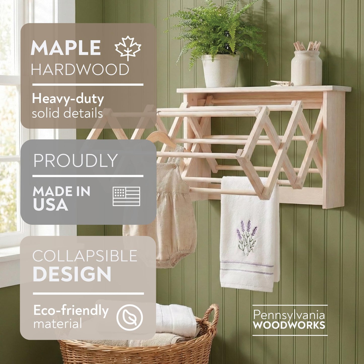 Pennsylvania Woodworks Extra Large Wall Clothes Drying Rack ~ Heavy Duty Solid Maple Hardwood, Folding, Collapses to 35" x 20" x 8", Hand Built in USA, Unfinished