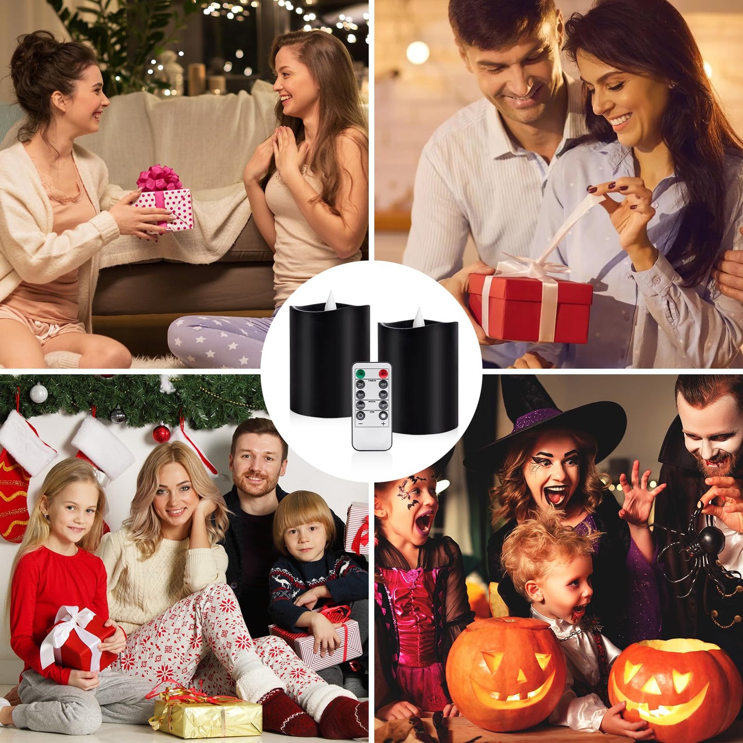 Woocodowe Black Flameless LED Candles - 3" x 4" Real Wax, Battery Operated with Remote Timer, 3D Flickering, Lasts 600+ Hours, Halloween & Christmas Deco (Black, 3"*4"-2pcs)
