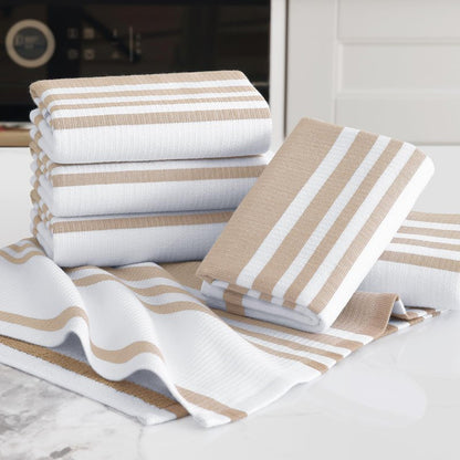 Homaxy Premium Kitchen Towels 18”x 28”, Large Cotton 380 GSM Kitchen Hand Towels, Stripe and Terry Dish Towel, Highly Absorbent Tea Towel Set with Hanging Loop, 6 Pack, Khaki