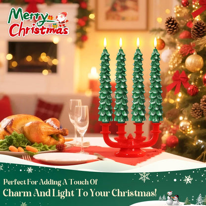 Enhon 3 Pcs Christmas Tree Flameless Taper Candles Battery Operated with Remote and Timer, Real Wax LED Candles, Warm 3D Wick Flickering Lifelike Leaves, Xmas Dinner Holiday Decoration(Green, Silver)