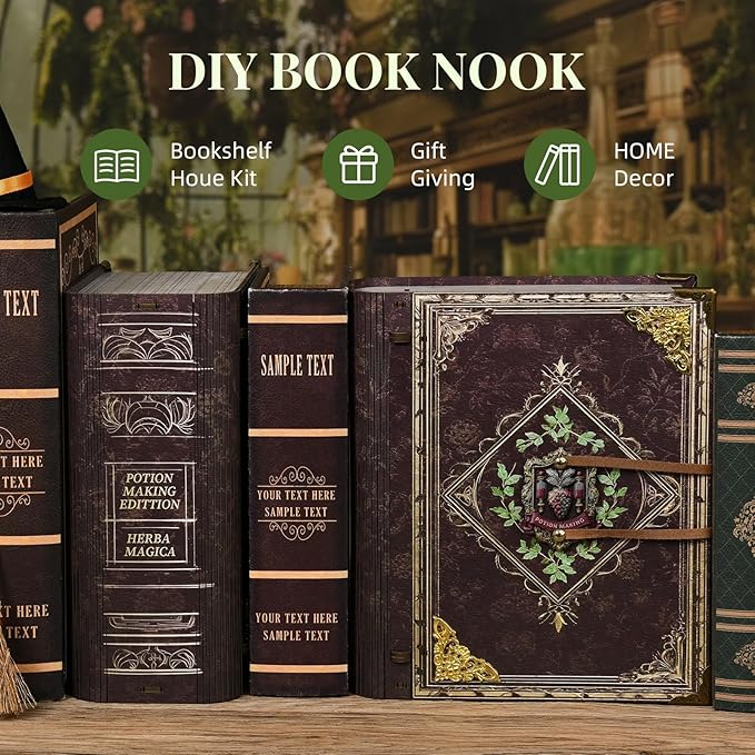 Book Nook Kit DIY Miniature Dollhouse Booknook Kit 3D Wooden Puzzle for Teens and Adults Bookend Bookshelf Insert Decor with LED Light (Potion-Making Edition)