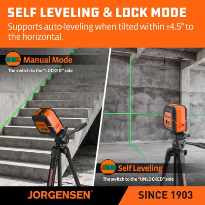 JORGENSEN Laser Level with Tripod & 2 Plumb Dots, 100 FT Self Leveling Point Cross Line Laser Leveler Tool, Wide Angle Green Laser Level for Picture Hanging, Indoor Project, Construction, Carry Bag
