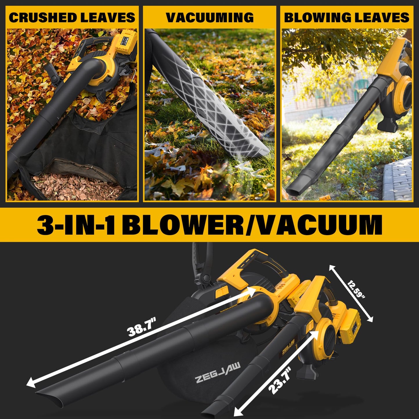 ZEGJAW 40V Cordless Leaf Blower & Vacuum, 3-in-1 Leaf Vacuum Mulcher with Bag, 360CFM 5-Speeds Brushless Battery Operated Leaf Blower for Lawn Care with 2 x 4.0Ah Battery & Charger Included