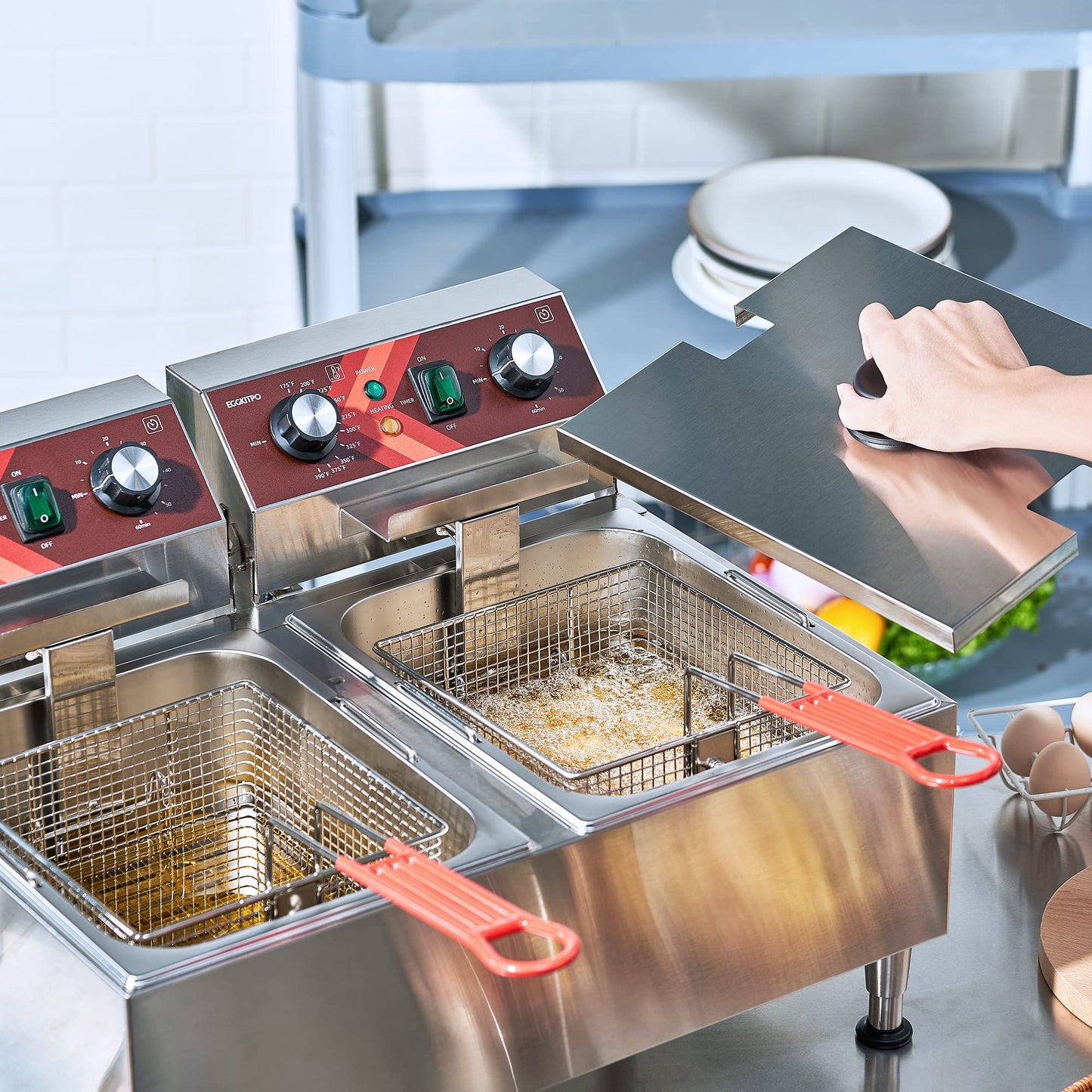 EGGKITPO (ECF3-NG) 40LB 90,000 BTU Natural Gas Fryer and 10L×2 Commercial Fryer with Timer and Basket Dual Tank Fryer(120v 3600w)