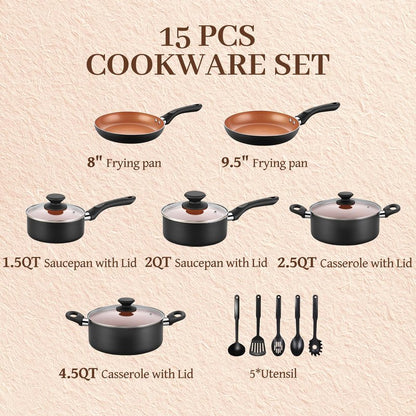 BECIGAR Ceramic Pots and Pans Set, 15PCS Nonstick Set Ceramic Cookware Set, Nonstick Pan Pots and Pans Set Non Stick Cookware set (With-Induction)