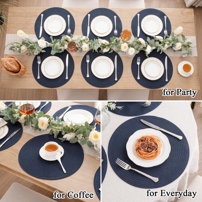 SHACOS 15 inch Round Placemats Set of 12 for Dining Table Braided Circle Place Mats Kitchen Table Placemat Washable Table Mats, Navy Blue