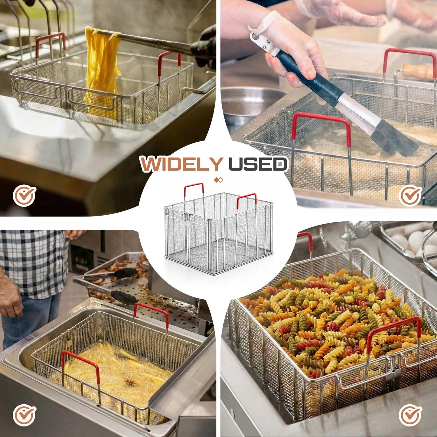 Sawysine Stainless Steel Pasta Basket, 16 Inch Large Rectangle Pasta Boil & Strainer Basket for Kitchen, Commercial Collander with Insulated Red Handle and Drain Hook