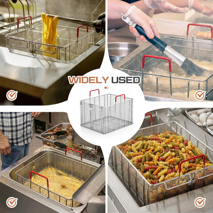 Sawysine Stainless Steel Pasta Basket, 16 Inch Large Rectangle Pasta Boil & Strainer Basket for Kitchen, Commercial Collander with Insulated Red Handle and Drain Hook