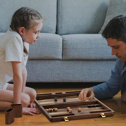 14.5” Premium Natural Walnut Folding Backgammon Sets for Adults and Kids Including 30 Artificial Horn Checkers 2 Walnut Dice Cups and 5 Wooden Dice/Classic Two-Player Strategy Board