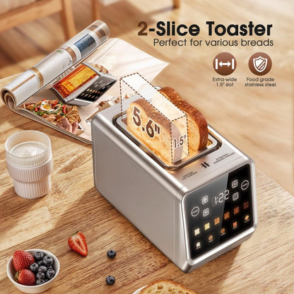 Touch Screen Toaster 2 Slice, Stainless Steel Smart Digital Toasters with Single Slot Toasting, Memory Function, 5 Bread Types & 6 Shade Settings,1.5" Wide Slot, 900W