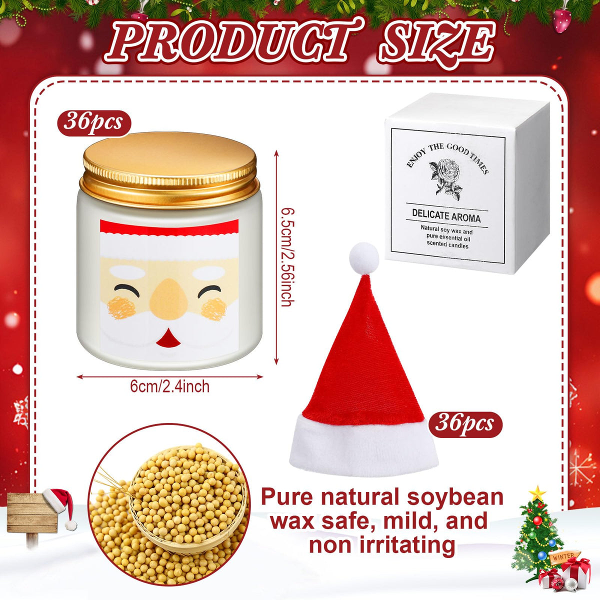 Conelist 72 Pack Christmas Scented Candles Jar Set Include 36 Pcs 7oz Aromatherapy Soy Wax Candles and 36 Pcs Mini Xmas Santa Hat Holiday Table Centerpieces Gifts for Women Men Relaxing Spa