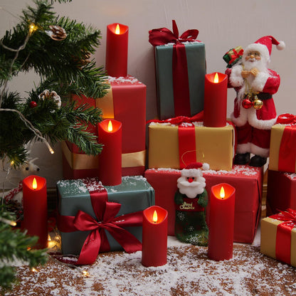 Homemory Christmas Flameless Candles, Battery Operated Candles with Remote Timers, Electric Fake Candles for Home, Christmas Decoration, Made of Plastic, Red/Burgundy, Set of 9