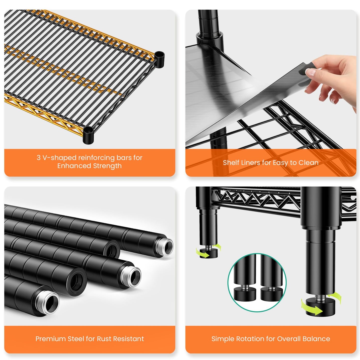 RackBro 60" W Storage Shelves 2640 LBS Heavy Duty Garage Shelving, Adjustable Wire Shelving Metal Shelving with Liners, Fits 27-Gallon Totes, 60" W x 18" D x 68.4" H for Commercial Warehouse, Black