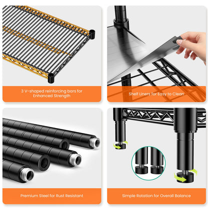 RackBro 60" W Storage Shelves 2640 LBS Heavy Duty Garage Shelving, Adjustable Wire Shelving Metal Shelving with Liners, Fits 27-Gallon Totes, 60" W x 18" D x 68.4" H for Commercial Warehouse, Black