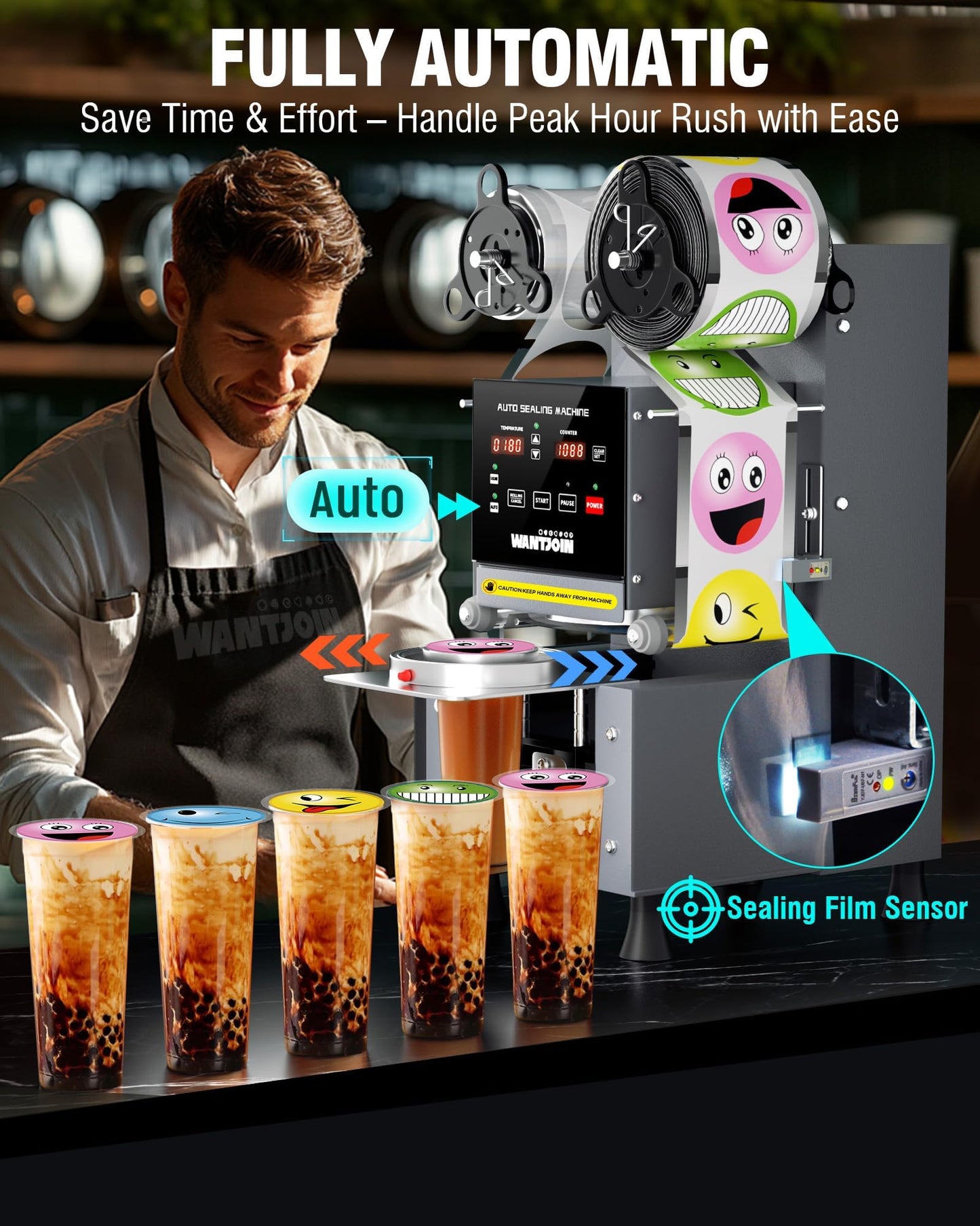 WantJoin Cup Sealer Machine - Full Automatic Cup Sealing Machine Electric Boba Sealing Machine Seals 500-600 Cups/H Digital Control Panel Cup Sealer for Bubble Milk Tea Coffee Shop,20''H 90/95mm