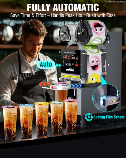 WantJoin Cup Sealer Machine - Full Automatic Cup Sealing Machine Electric Boba Sealing Machine Seals 500-600 Cups/H Digital Control Panel Cup Sealer for Bubble Milk Tea Coffee Shop,20''H 90/95mm