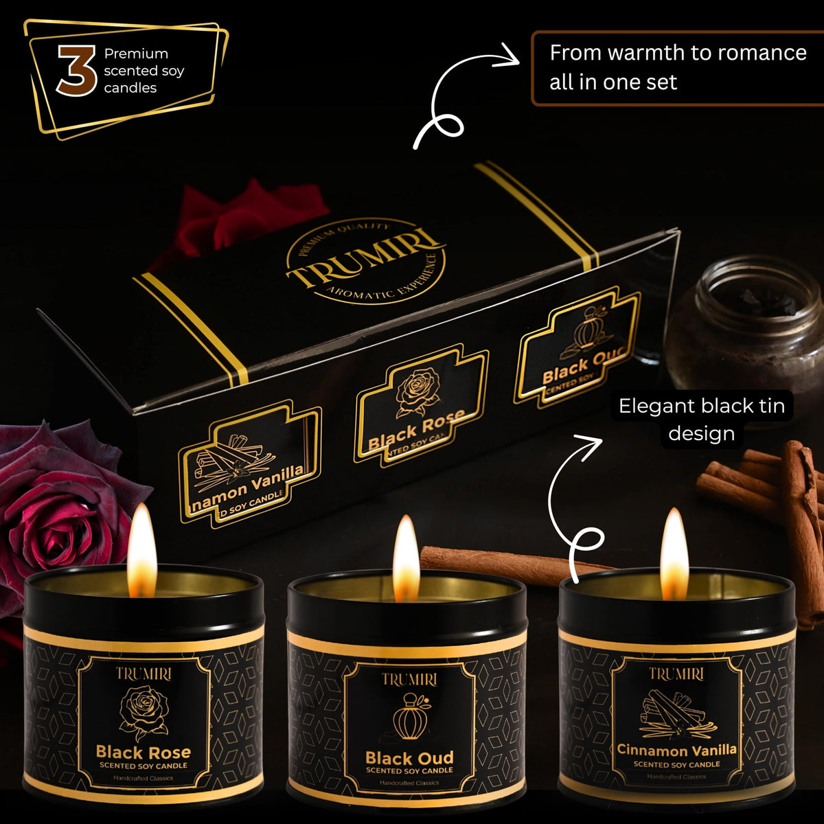 Candle Gift Set of 3 Sage Pine|Jasmine|Black Rose Strong Scented Soy Candels Natural Non Toxic Velas Aromáticas Favors for Women Coworkers Friends Guests Also for Fall Diwali Christmas Holidays